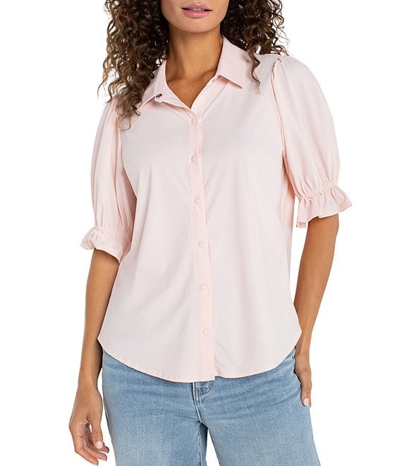 Liverpool Los Angeles Tech Knit Spread Collar Elbow-Length Puff Sleeve Button-Front Shirt