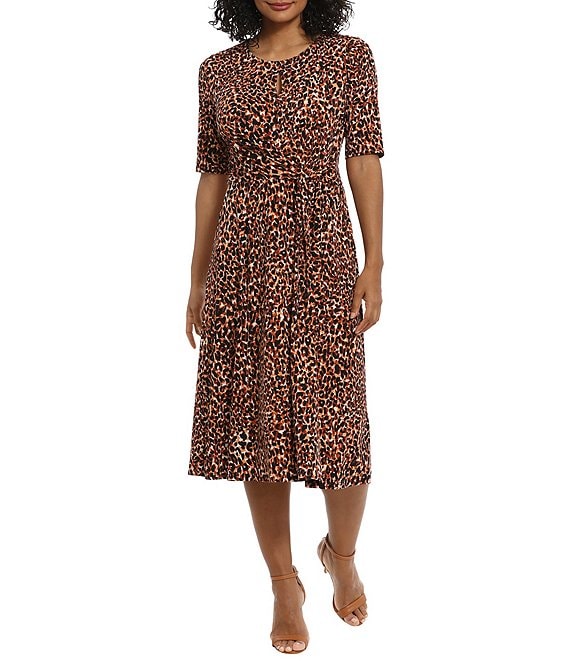 Color:Tan Multi - Image 1 - Animal Print Short Sleeve Crew Neck Side Tie Printed Fit and Flare Dress