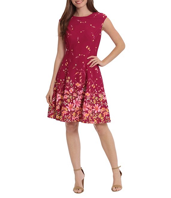London Times Floral Print Cap Sleeve Fit and Flare Dress | Dillard's