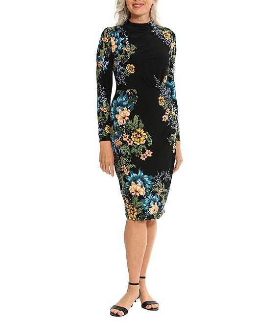 Color:Black/Teal - Image 1 - Floral Print Long Sleeve Mock Neck Side Ruched Jersey Dress