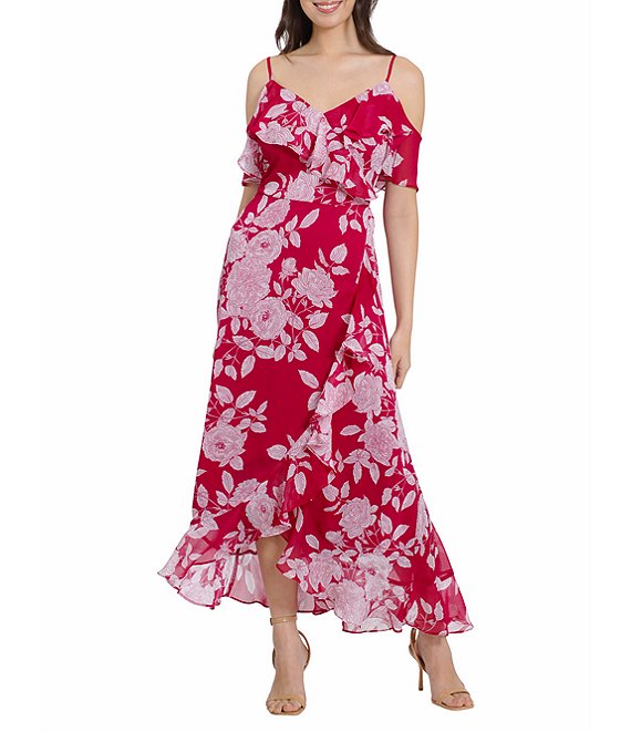 London Times Floral Print Ruffle Cold Shoulder Chiffon Maxi Dress ...