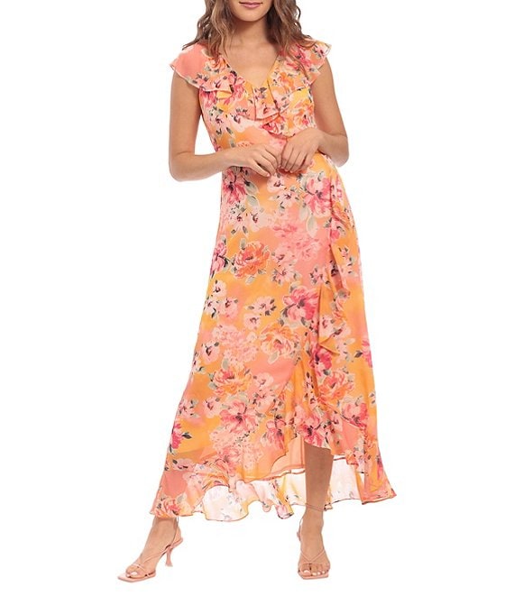 London Times Floral Print V-Neck Ruffled Faux Wrap Maxi Dress | Dillard's