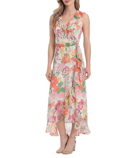 London Times Floral Surplice V Neck Ruffle Hem Maxi Dress | Dillard's