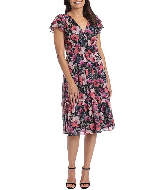 Color:Black/Rose - Image 1 - Flutter Sleeve Surplice V-Neck Floral Print Midi Dress