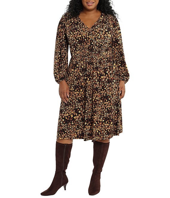 London Times Plus Size Matte Jersey V-Neck Smocked Long Bishop Sleeve Dress