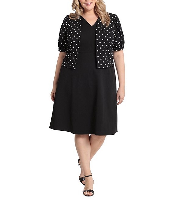 Color:Black/White - Image 1 - Plus Size Polka Dot Puff Sleeve 2 Piece Jacket Dress