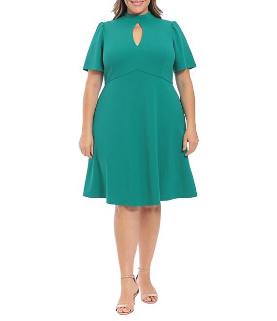 Color:Emerald - Image 1 - Plus Size Short Sleeve Keyhole Mock Neck Empire Seam Suba Crepe Flared Dress