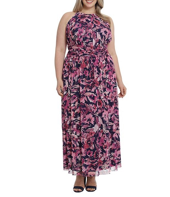 London Times Plus Size Sleeveless Halter Neck Floral Print Ruched Waist ...