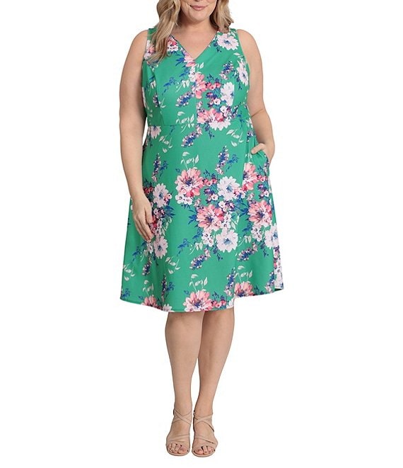 London Times Plus Size Sleeveless V-neck Floral Fit and Flare Dress ...