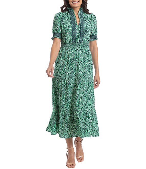 Color:Green/Ivory - Image 1 - Printed Short Smock Sleeve Ruffle Neck Bubble Crepe Midi Dress