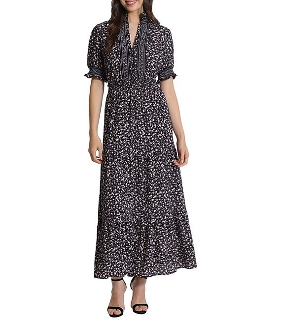 Color:Black/Blush - Image 1 - Floral Print Ruffled Mock V-Neck Smocked Short Sleeve Crepe Tiered Maxi Dress