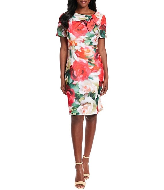 London Times Short Sleeve Crew Neck Floral Sheath Dress | Dillard's