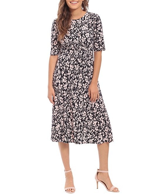 London Times Short Sleeve Floral Print Matte Jersey A-Line Midi Dress ...