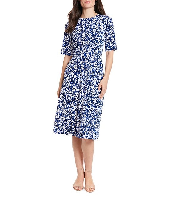 Color:Blue/White - Image 1 - Short Sleeve Floral Print Matte Jersey A-Line Midi Dress
