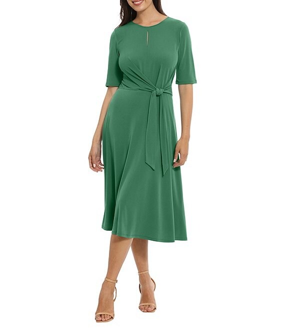 London Times Short Sleeve Keyhole Neck Side Tie At Waist A-Line Midi Dress