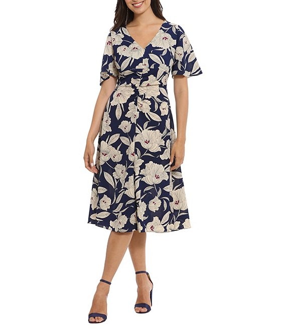 London Times Short Sleeve V-Neck Floral Ruched Waist A-Line Midi Dress ...