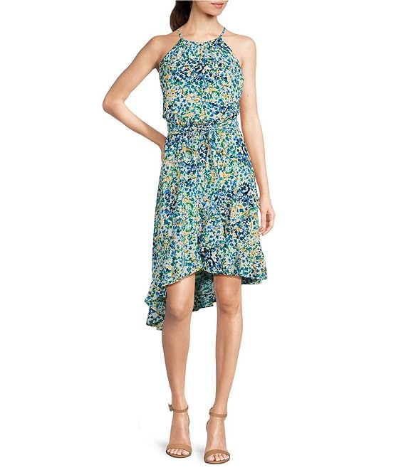 London Times Sleeveless Halter Asymmetrical Hem Sheath Dress | Dillard's