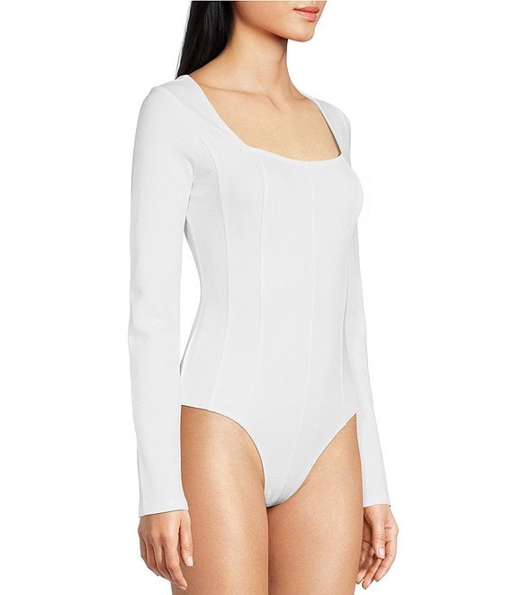 Color:White - Image 1 - Long Sleeve Square Neck Corset Bodysuit