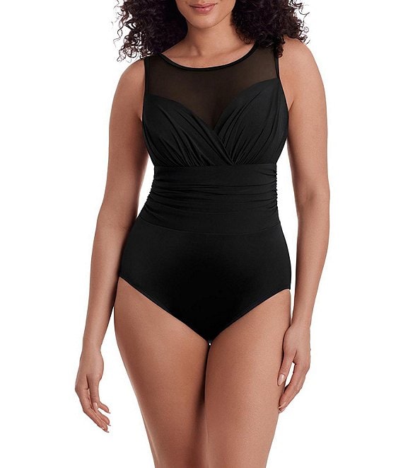 Longitude Solidtude Sheer Mesh High Neck Tummy Control One-Piece Swimsuit