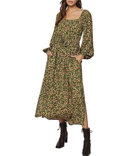 Color:Olive Multi Floral - Image 1 - Down To Earth Floral Print Square Neck Long Blouson Sleeve Midi Dress