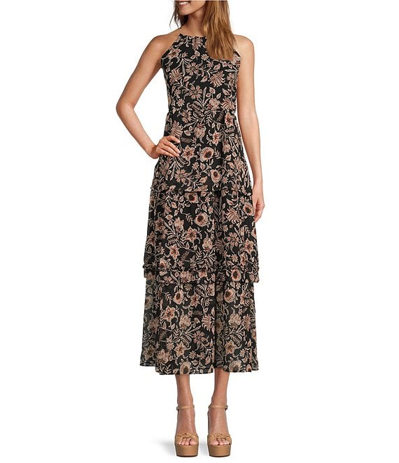Color:Black Cream Floral - Image 1 - Eclipse Of The Heart Floral Print High Halter Neck Sleeveless Midi Dress