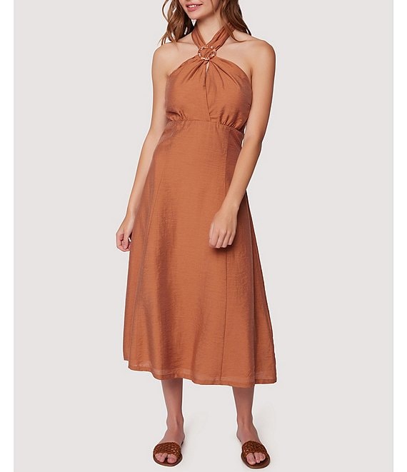 Color:Brown - Image 1 - Pacific Grove Criss Cross Halter Sleeveless Midi Dress