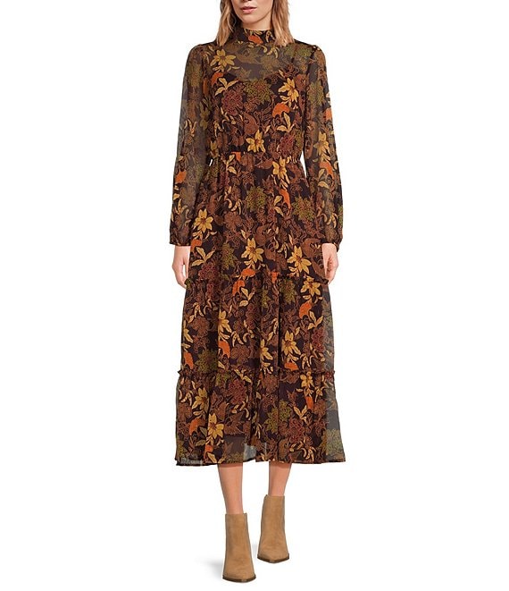Color:Burgundy - Image 1 - Wild Bergamot Mock Neck Long Sleeve Tiered Midi Dress