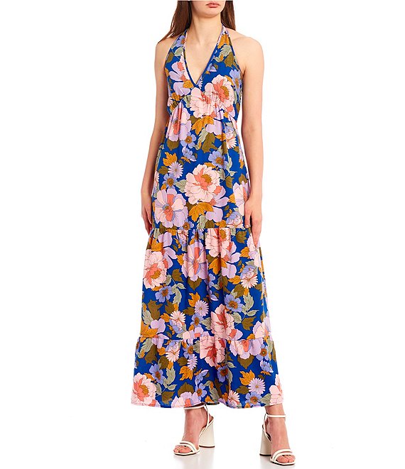 Color:Royal/Lavender - Image 1 - Halter V-Neck Retro Floral Tiered Maxi Dress