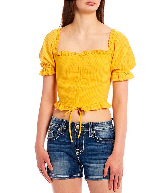Color:Mango - Image 1 - Short Puff Sleeve Cinched Front Shadow Check Print Ruffle Trim Peasant Top