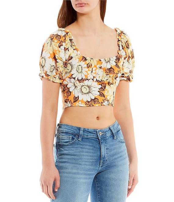 Love And Piece Short Sleeve Square Neck Floral Tie Back Crop Top Dillards