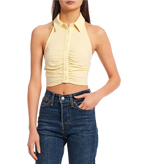 Color:Lemon - Image 1 - Sleeveless Collared Button Front Ruched Rib Knit Crop Top