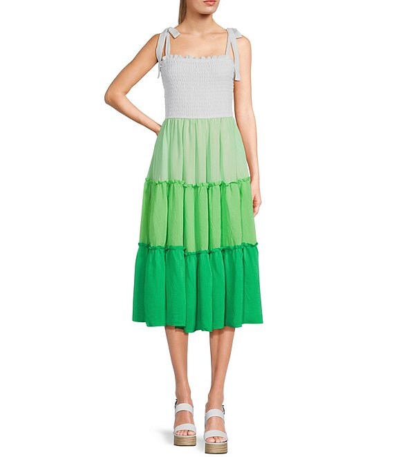 Love & Piece Smocked Top Bow Shoulder Color Block Tiered Dress | Dillard's