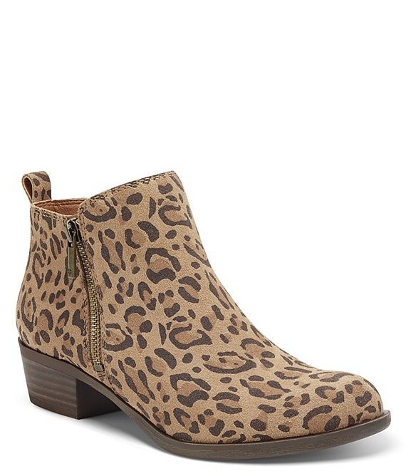 Lucky Brand Basel Leopard Printed Leather Side Zip Block Heel Ankle