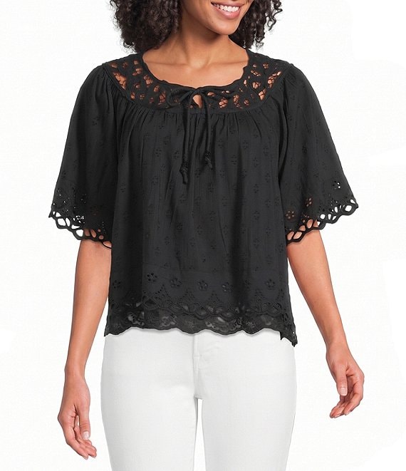 Lucky Brand Battenburg Lace Round Neck Short Sleeve Top