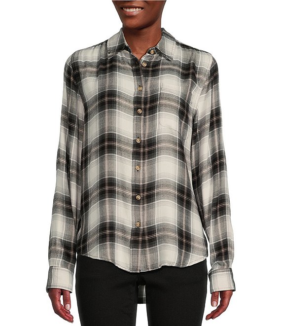 Mens Lucky Brand Long Sleeve Button Down Flannel Shirt Black Plaid Size  Medium
