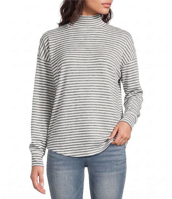 Lucky Brand Cloud Stretch Knit Stripe Mock Neck Long Sleeve Top