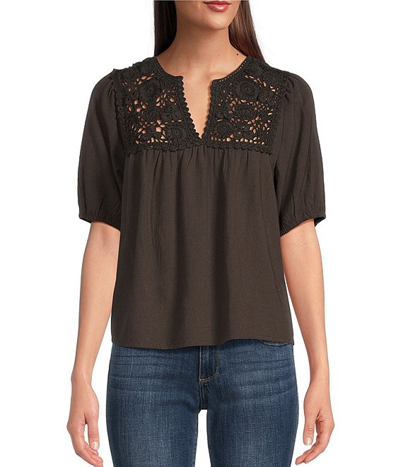 Lucky Brand Womens Women's Crochet Short Sleeve Peasant Top : :  Clothing, Shoes & Accessories
