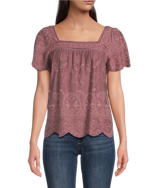 Lucky Brand Women's Square Neck Short Sleeve Top