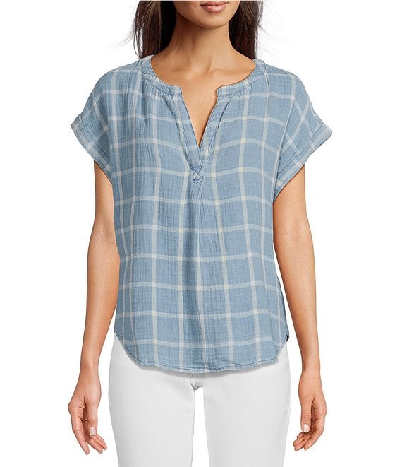 Lucky Brand Indigo Plaid Print Split V-Neck Short Cuffed Sleeve Popover  Shirt