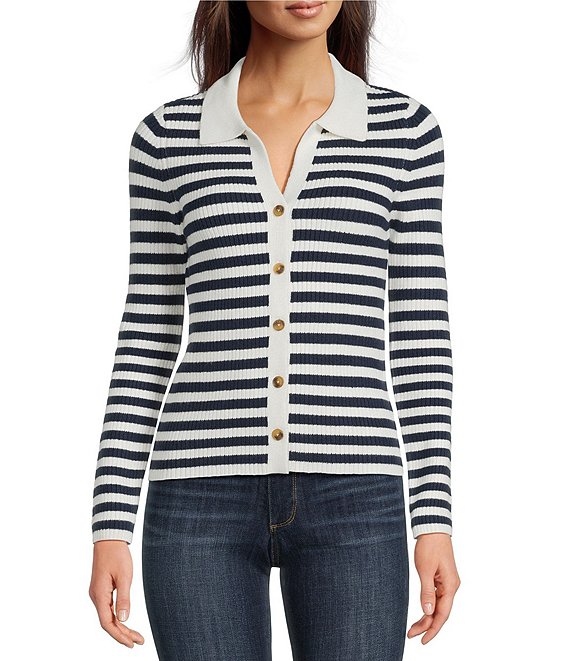 Lucky Brand Knit Striped V-Neck Long Sleeve Button Down Sweater, Tofu - Image 1
