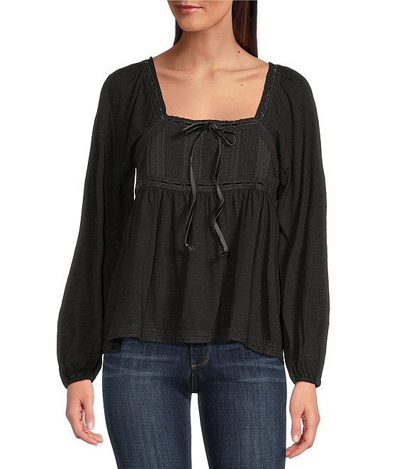 Lucky Brand Lace Paneled Square Tie Neck Long Sleeve Tunic Tee