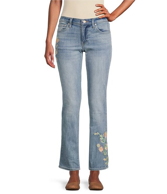 Color:Weekend - Image 1 - Legend Sweet Floral Embroidery Print Straight Leg Mid Rise Stretch Denim Jeans