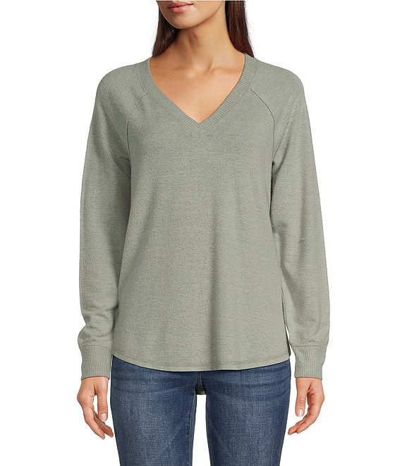 Lucky Brand Solid Cloud Jersey Crew Neck Long Sleeve Curved Hem