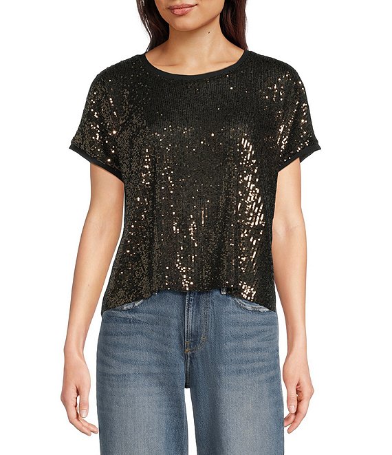 Lucky Brand Stretch Knit Sequin Crew Neck Short Sleeve Tee