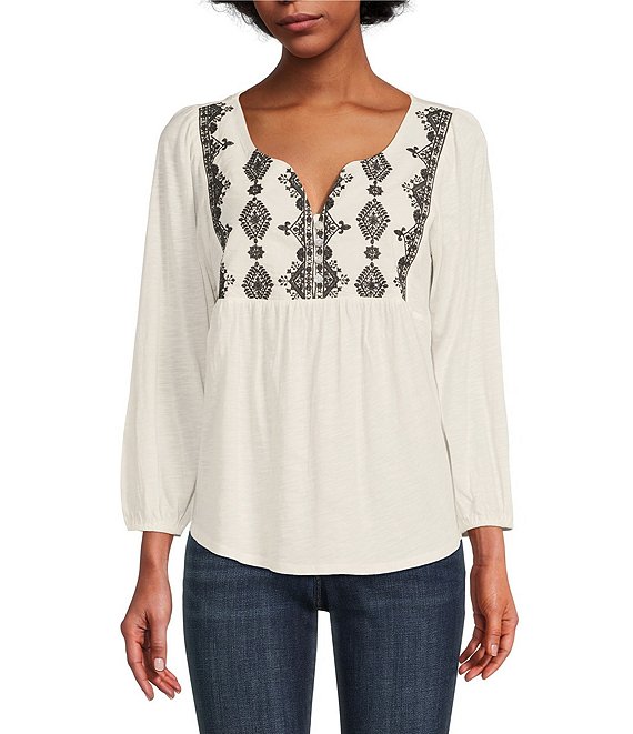 Lucky Brand Woven Split Scoop Neck Long Sleeve Embroidered Peasant