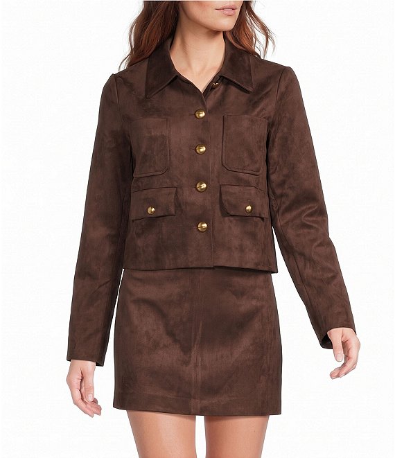 Lucy Paris Brynn Suede Collared Long Sleeve Button Front Coordinating Cropped Jacket