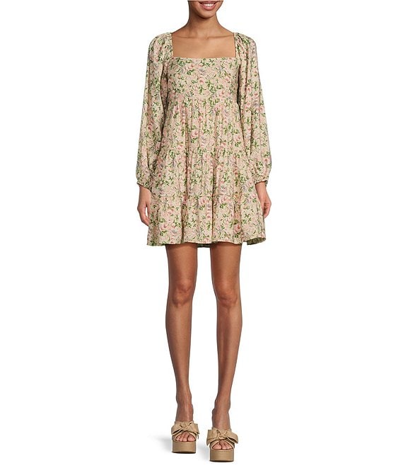 Lucy Paris Floral Print Square Neck Long Sleeve Mini Dress | Dillard's