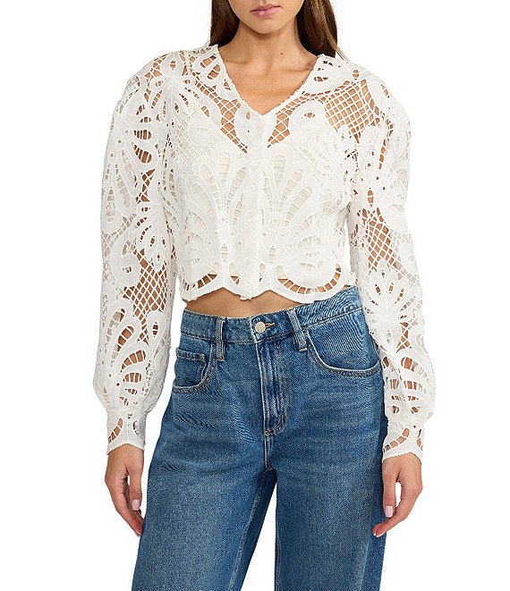Lucy Paris Kathryn Eyelet Lace V-Neck Long Sleeve Button Front Top