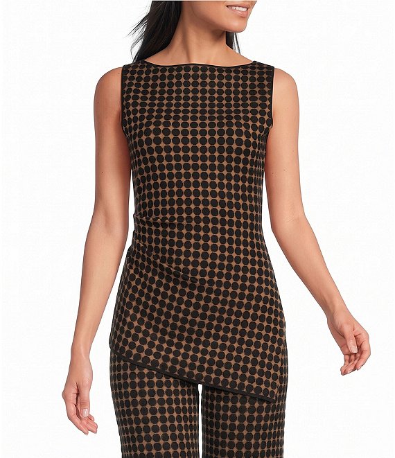 Lucy Paris Mia Dot Patterned Boat Neck Sleeveless Asymmetric Hem Coordinating Knit Top