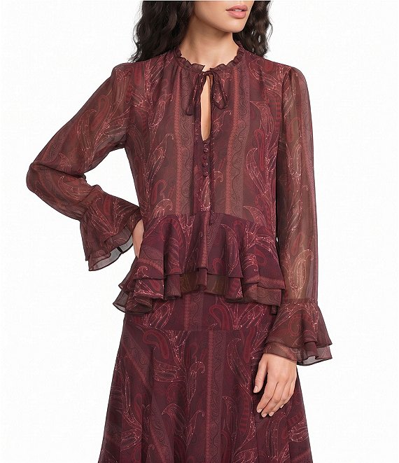 Lucy Paris Paisley Print Ruffle Keyhole Neck Long Sleeve Coordinating Top